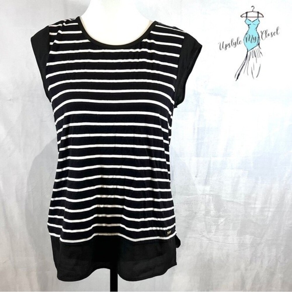 Calvin Klein black and white stripe cap sleeve top size small